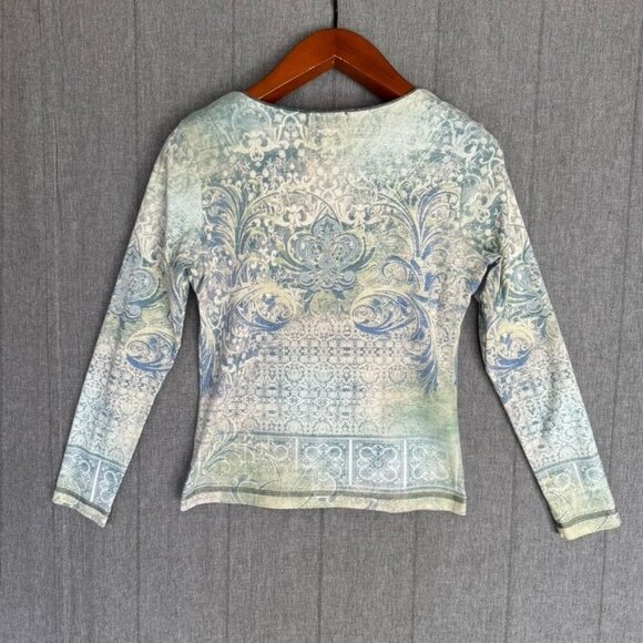 Y2K Xcit u.s.a. Blue Green Filigree Crystal Embellished Long Sleeve T Shirt - Picture 4 of 10